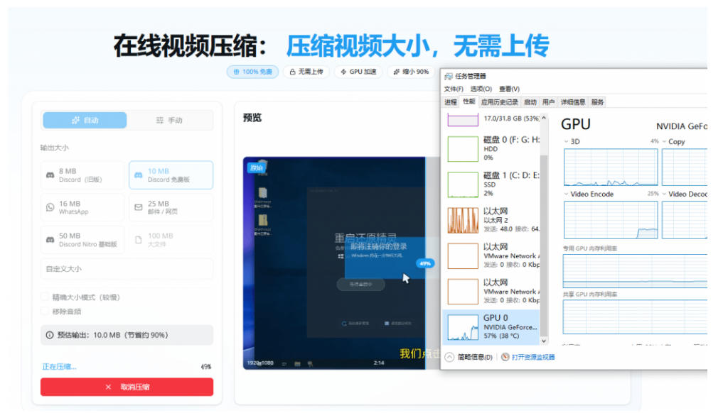 100%免费的在线视频压缩工具，GPU加速！视频压缩，无需上传，隐私保护，超级便捷Videocompressors