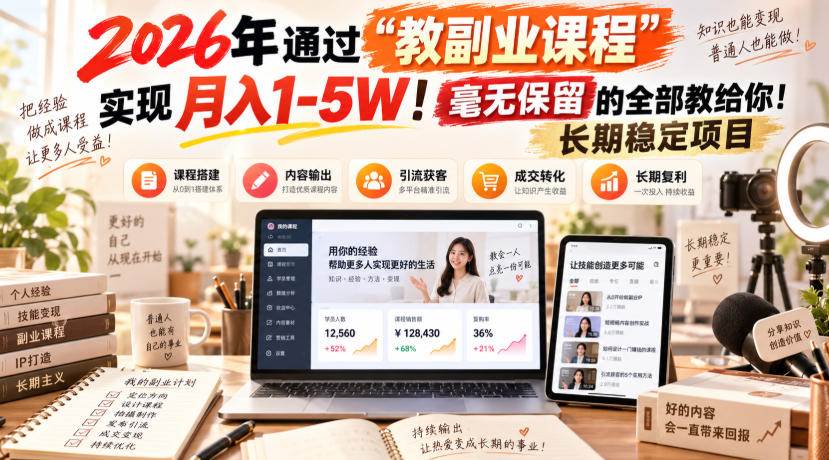 (20468期)2026年通过“教副业课程”实现月入1-5W!毫无保留的全部教给你!长期稳定项目 (20468期)2026年通过“教副业课程”实现月入1-5W!毫无保留的全部教给你!长期稳定项目