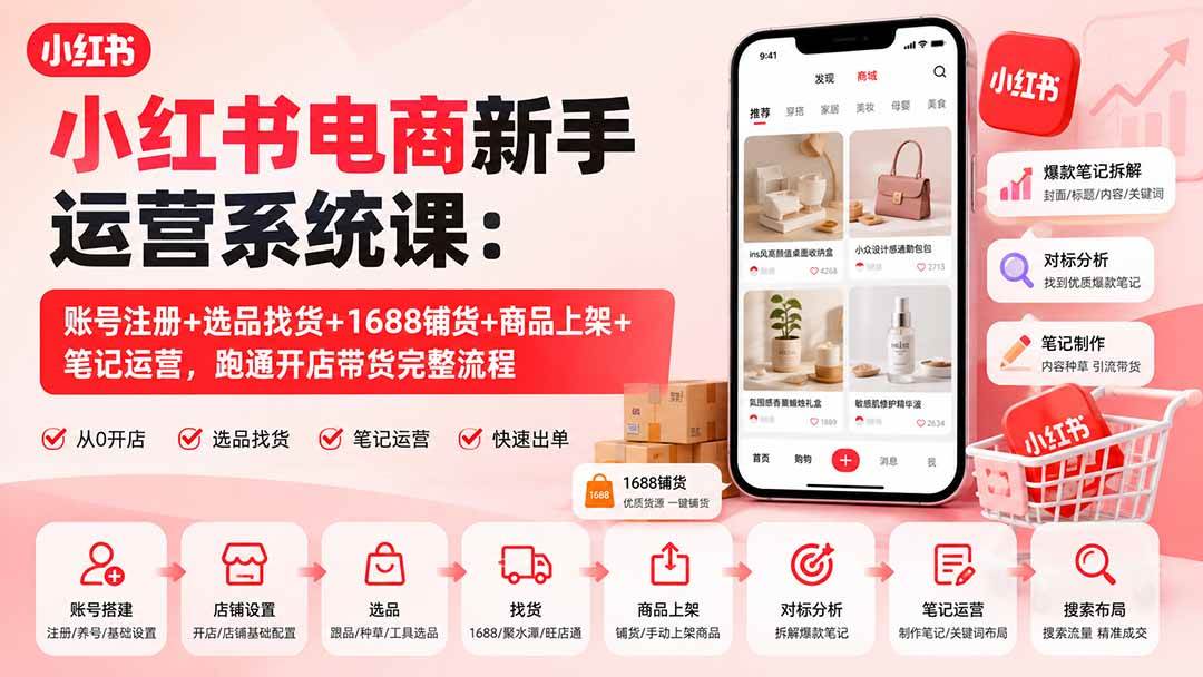 (20319期)小红书电商新手运营系统课:账号注册+选品找货+1688铺货+商品上架+笔记运营,跑通开店带货完整流程 (20319期)小红书电商新手运营系统课:账号注册+选品找货+1688铺货+商品上架+笔记运营,跑通开店带货完整流程