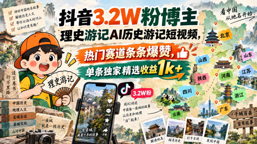 抖音3.2W粉博主理史游记AI历史游记短视频教学,热门赛道条条爆赞,单条独家精选收益1k+