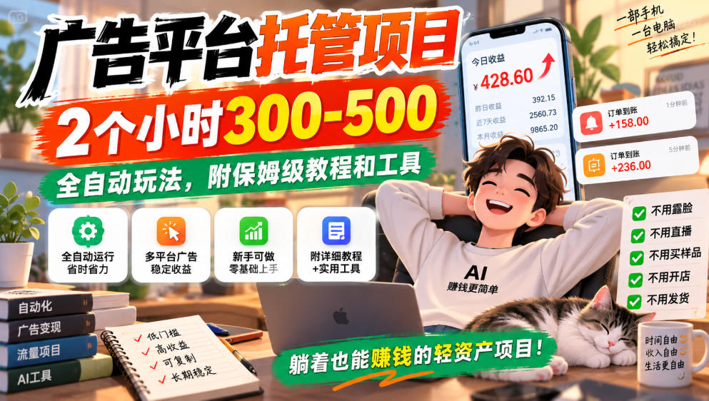 广告平台托管项目，2个小时300-500，全自动玩法，附保姆级教程和工具【揭秘】