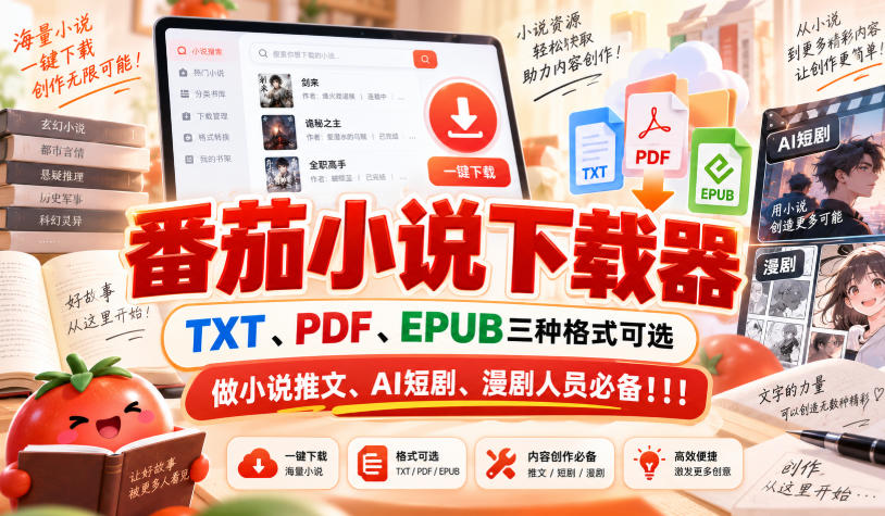 番茄小说下载器,TXT、PDF、EPUB三种格式可选,做小说推文、AI短剧、漫剧人员必备!!! 番茄小说下载器,TXT、PDF、EPUB三种格式可选,做小说推文、AI短剧、漫剧人员必备!!!