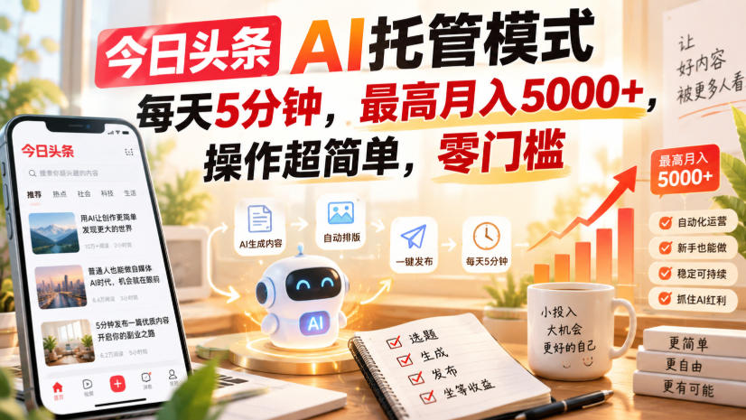 今日头条AI托管模式，每天5分钟，最高月入5000+，操作超简单，零门槛【揭秘】