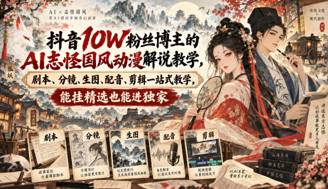 抖音10W粉丝博主的AI志怪国风动漫解说教学，剧本、分镜、生图、配音、剪辑一站式教学，能挂精选也能进独家