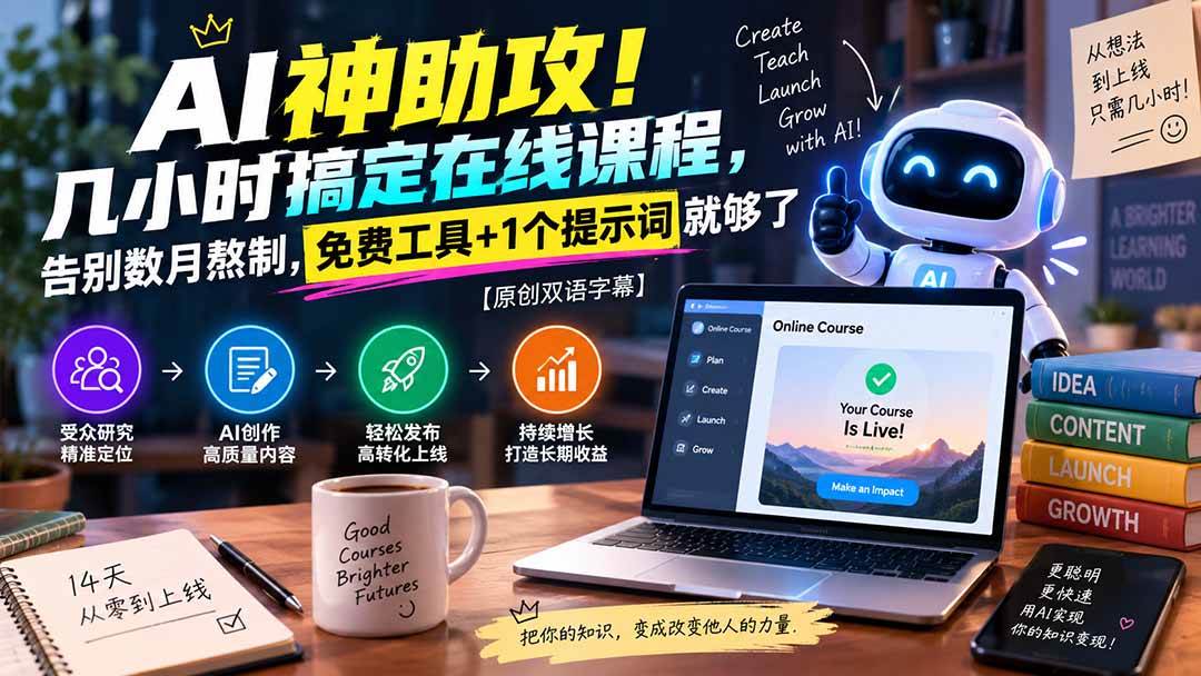 (20528期)AI神助攻!几小时搞定在线课程,告别数月熬制,免费工具+1个提示词就够了【原创双语字幕】 (20528期)AI神助攻!几小时搞定在线课程,告别数月熬制,免费工具+1个提示词就够了【原创双语字幕】